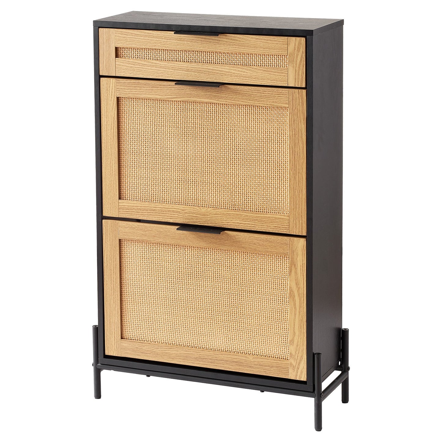 Rattan Shoe Cabinet, Narrow Shoe Storage Organizer With 2 Flip Rattan Drawers & 1 Slide Drawer, Metal Legs, Slim Shoe Entryway Cabinet Ideal For Entryway, Closet, Hallway, Black