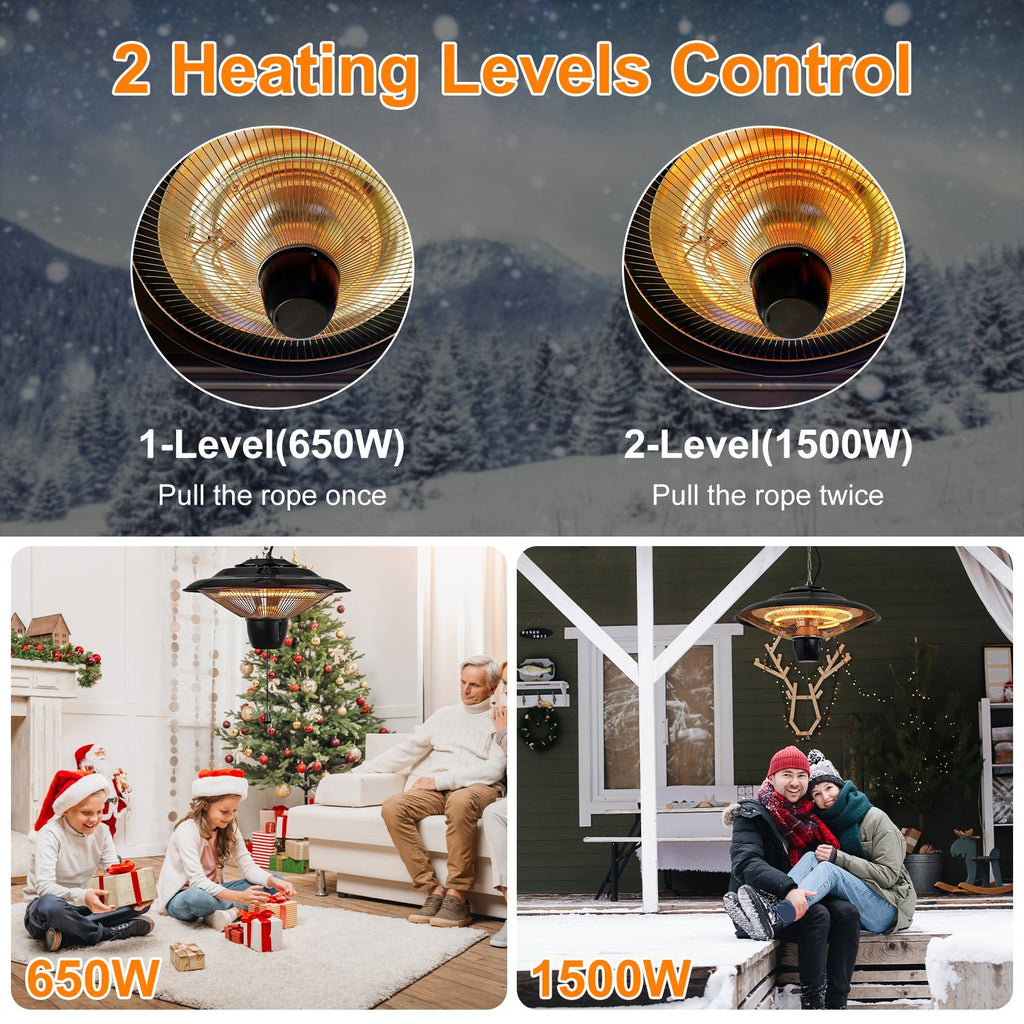 1Pc 1500W Outdoor Hanging Patio Heater Ultra-Quiet Electric Heating Lamp IP23 Waterproof 2 Heating Levels Overheating Protection Ceiling Mounted Outdoor Heater