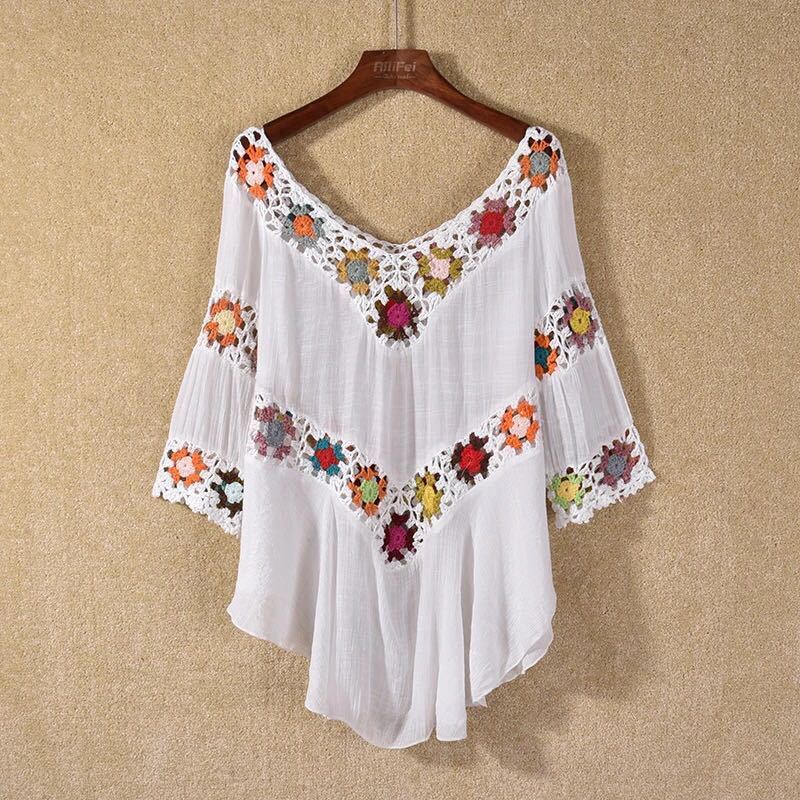 Amazon AliExpress Hot Selling Product Boho Hollow Out Hand Crocheting Flower Bikini Loose Beach Cover-up