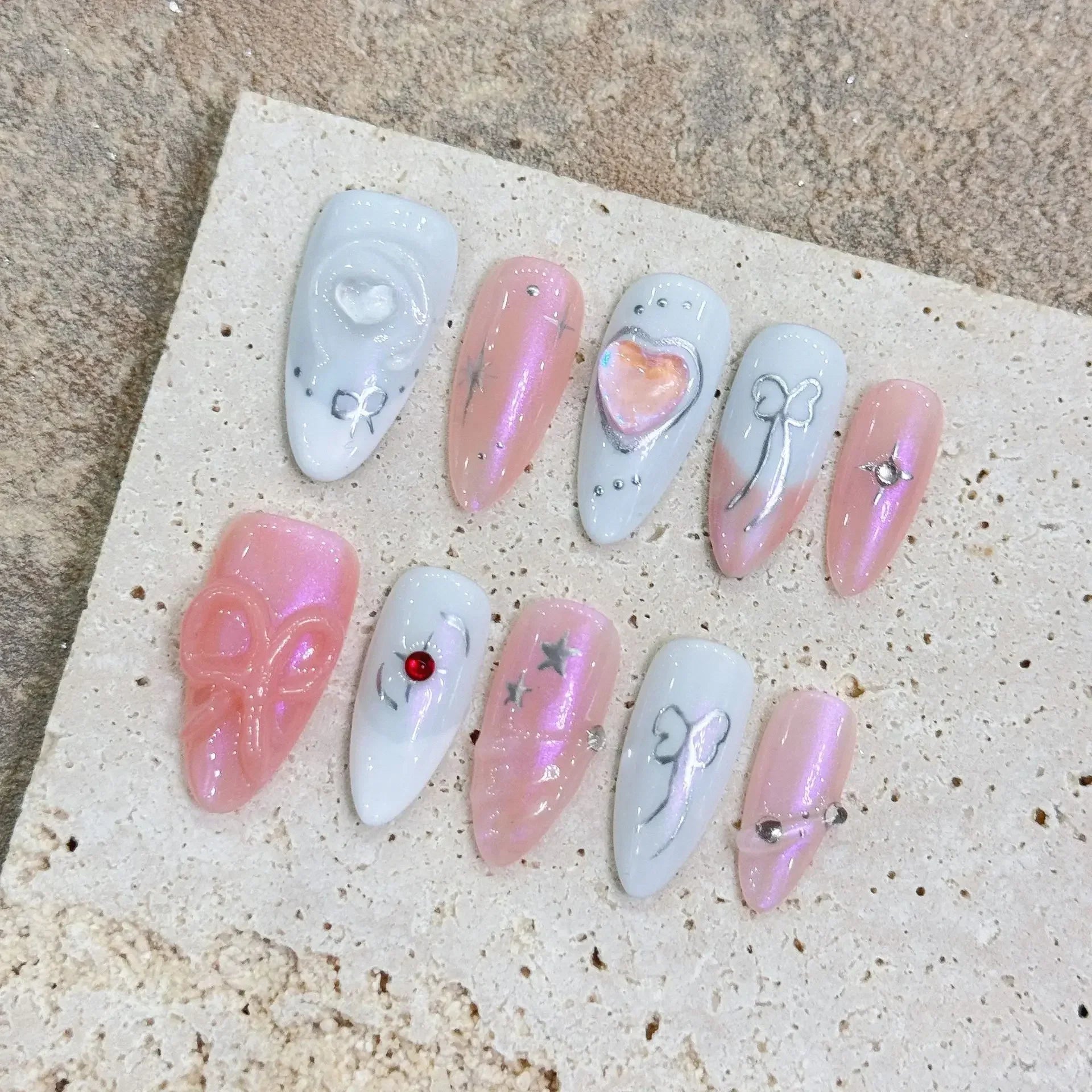 Almond Glitter Bowknot Press-On Nails