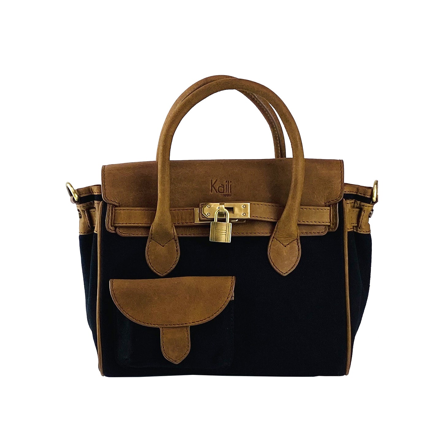 K0042ACB | Mini Canvas/Genuine Leather Handbag Made in Italy. Removable shoulder strap. Antique Brass metal snap hook attachments. Color: Black. Dimensions: 24 x 20 x 12 cm.