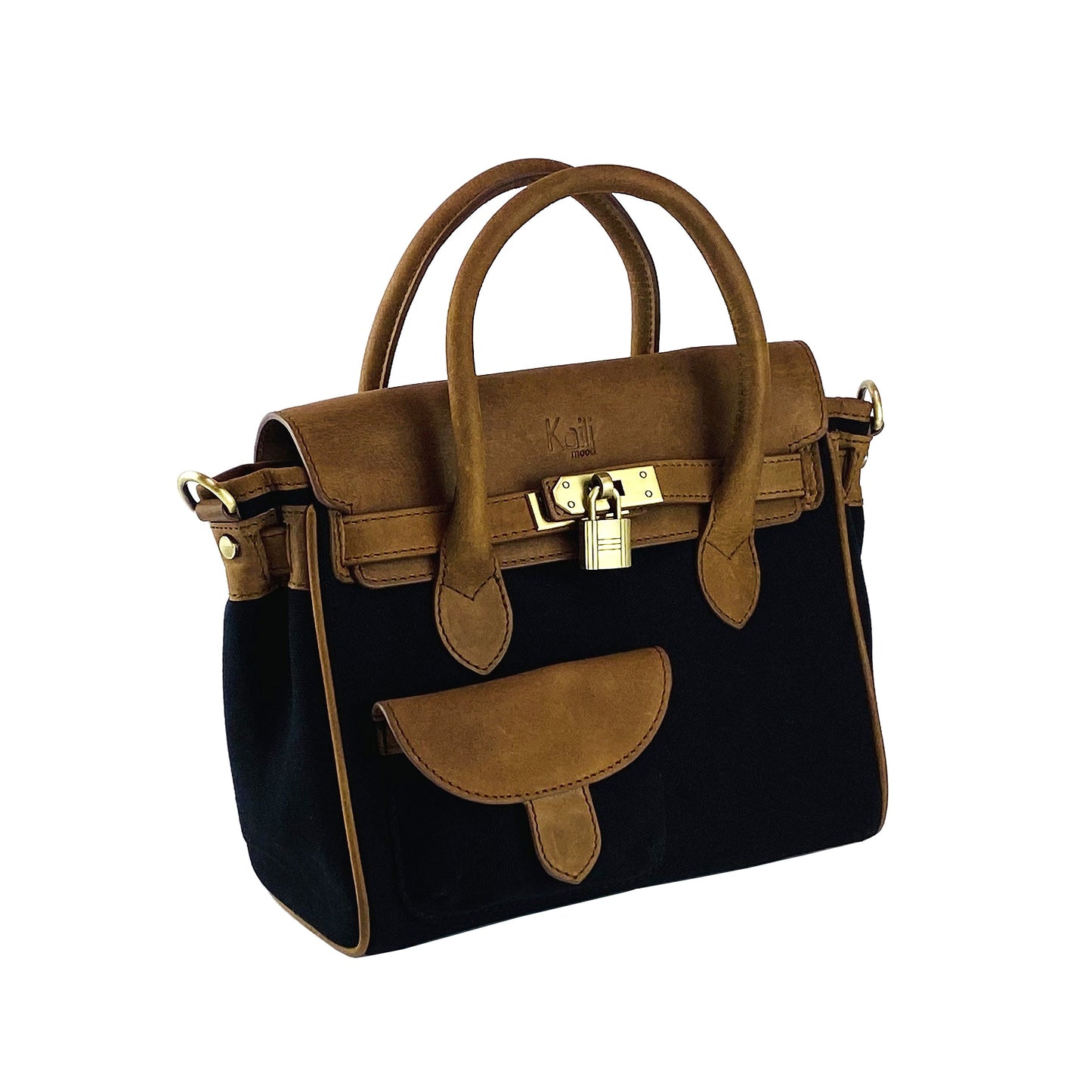 K0042ACB | Mini Canvas/Genuine Leather Handbag Made in Italy. Removable shoulder strap. Antique Brass metal snap hook attachments. Color: Black. Dimensions: 24 x 20 x 12 cm.