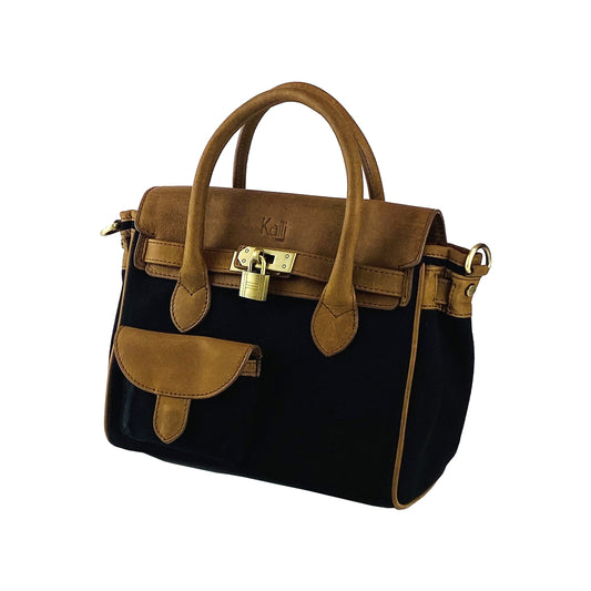 K0042ACB | Mini Canvas/Genuine Leather Handbag Made in Italy. Removable shoulder strap. Antique Brass metal snap hook attachments. Color: Black. Dimensions: 24 x 20 x 12 cm.