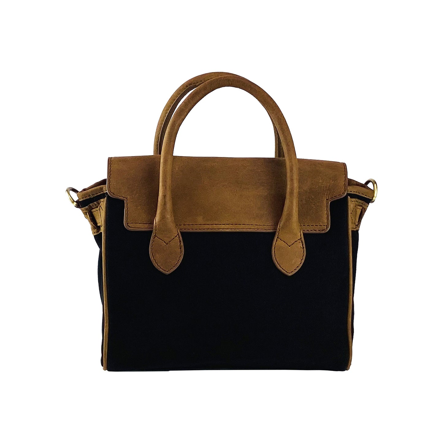 K0042ACB | Mini Canvas/Genuine Leather Handbag Made in Italy. Removable shoulder strap. Antique Brass metal snap hook attachments. Color: Black. Dimensions: 24 x 20 x 12 cm.