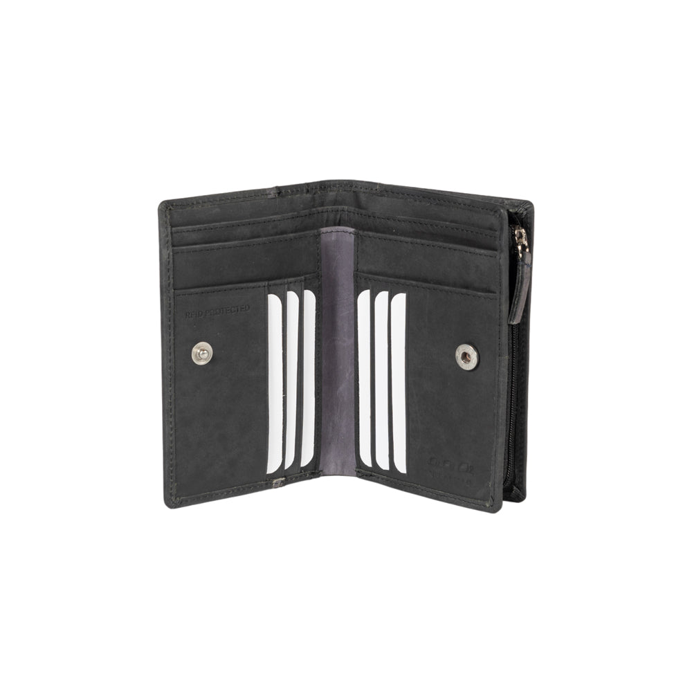 K12234AF | Women's Wallet in Genuine Full-Grain Naked Leather. Black. RFID Protection. Closed Dimensions: 9.5 x 14 x 3 cm. Packaging: Gift box with lid/bottom
