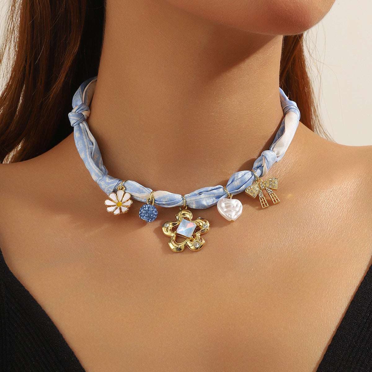 Summer Scarf Necklace Multi-pendant Pearl All-match Light Luxury Silk Scarf Necklace