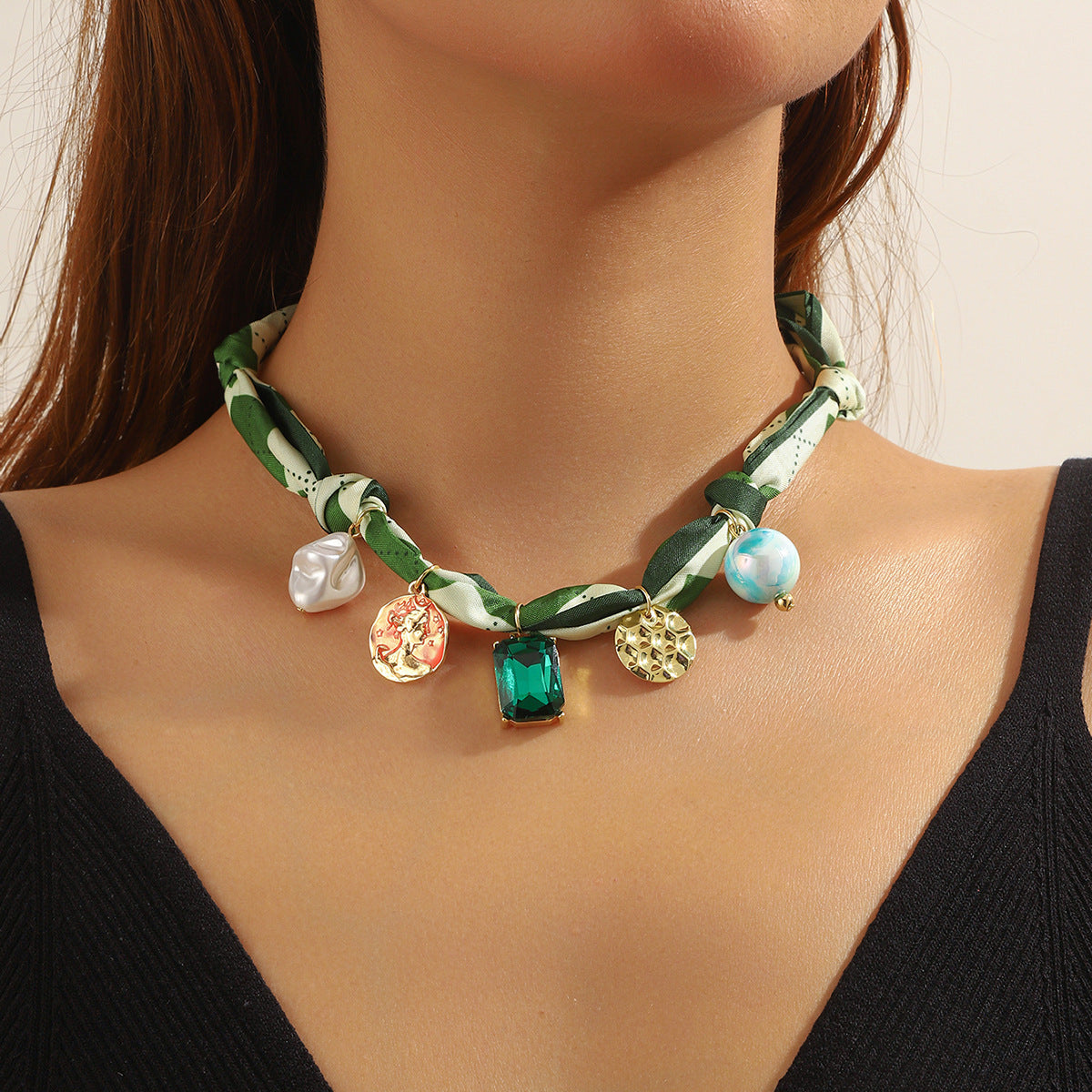 Summer Scarf Necklace Multi-pendant Pearl All-match Light Luxury Silk Scarf Necklace
