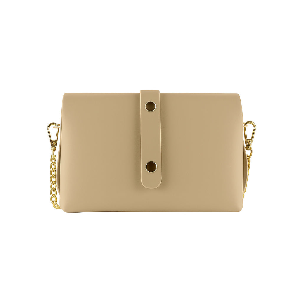 RB1001AL | Borsa Piccola in Vera Pelle Made in Italy con Tracollina removibile e passante di chiusura in metallo Oro Lucido - Colore Beige - Dimensioni: cm 16,5 x 11 x 8