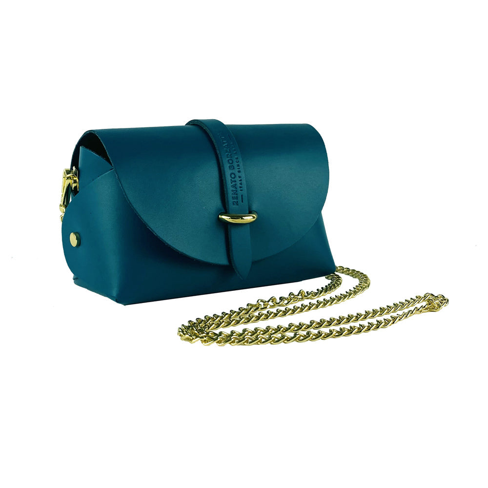 RB1001BZ | Small Genuine Leather Bag Made in Italy with Removable Shoulder Strap and Shiny Gold Metal Closure Loop - Teal Color - Dimensions: 16.5 x 11 x 8 cm