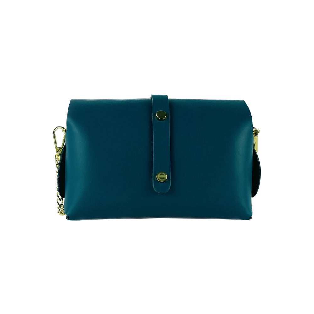 RB1001BZ | Small Genuine Leather Bag Made in Italy with Removable Shoulder Strap and Shiny Gold Metal Closure Loop - Teal Color - Dimensions: 16.5 x 11 x 8 cm