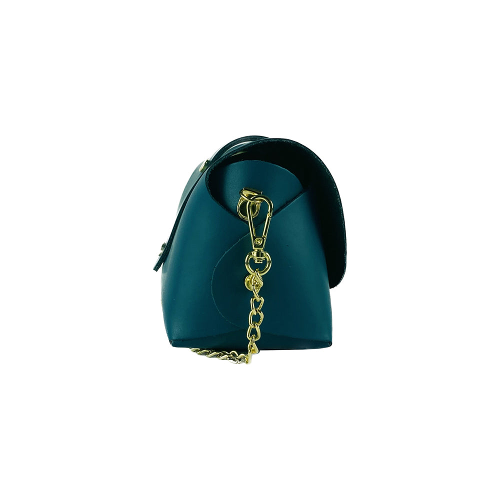 RB1001BZ | Small Genuine Leather Bag Made in Italy with Removable Shoulder Strap and Shiny Gold Metal Closure Loop - Teal Color - Dimensions: 16.5 x 11 x 8 cm
