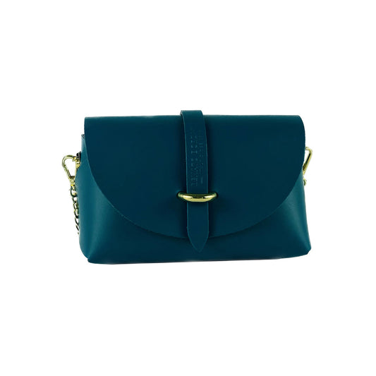 RB1001BZ | Small Genuine Leather Bag Made in Italy with Removable Shoulder Strap and Shiny Gold Metal Closure Loop - Teal Color - Dimensions: 16.5 x 11 x 8 cm