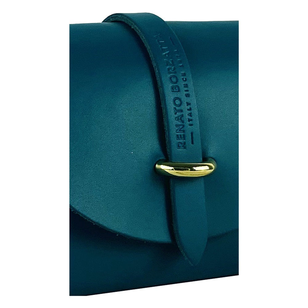 RB1001BZ | Small Genuine Leather Bag Made in Italy with Removable Shoulder Strap and Shiny Gold Metal Closure Loop - Teal Color - Dimensions: 16.5 x 11 x 8 cm