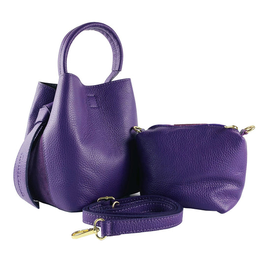 RB1006Y | Bucket Bag with Clutch in Genuine Leather Made in Italy. Shoulder strap with shiny gold metal snap hook attachments - Purple color - Dimensions: 16 x 14 x 21 cm + Handle 13 cm