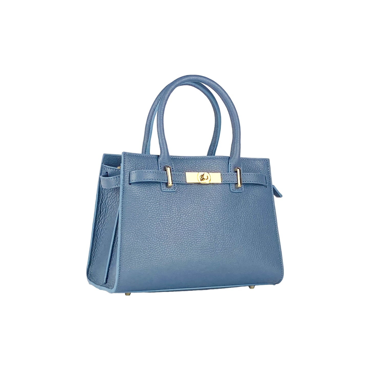 RB1016P | Women's Genuine Leather Handbag Made in Italy with Removable Shoulder Strap. Attachments with Shiny Gold Metal Snap Hooks - Color: Air Force Blue - Dimensions: 28 x 20 x 14 + 12.5 cm