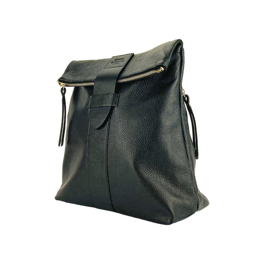 RB1021A | Women's Soft Genuine Leather Backpack Made in Italy with Adjustable Shoulder Straps. Zipper and Polished Gold Metal Accessories - Black Color - Dimensions: 30 x 34 x 10.5 cm
