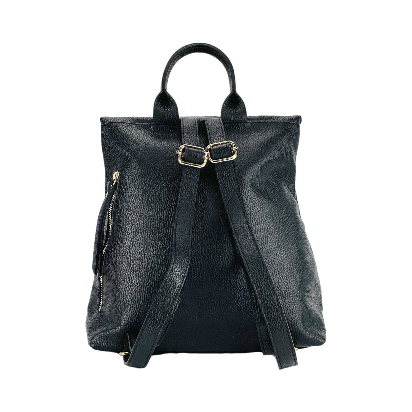 RB1021A | Women's Soft Genuine Leather Backpack Made in Italy with Adjustable Shoulder Straps. Zipper and Polished Gold Metal Accessories - Black Color - Dimensions: 30 x 34 x 10.5 cm