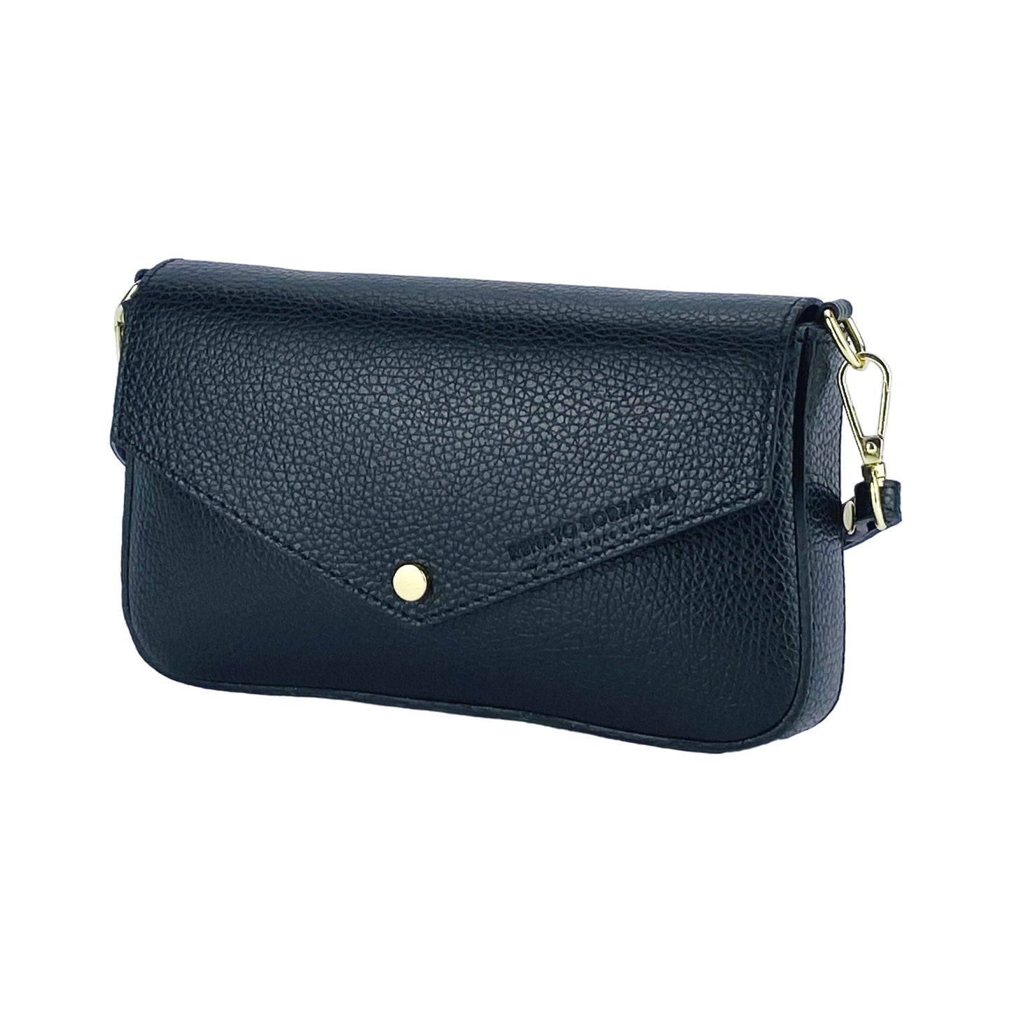RB1023A | Small Shoulder Bag with Removable Chain Strap in Genuine Leather Made in Italy. Flap Closure. Polished Gold Metal Accessories - Color: Black - Dimensions: 22 x 12 x 3 cm