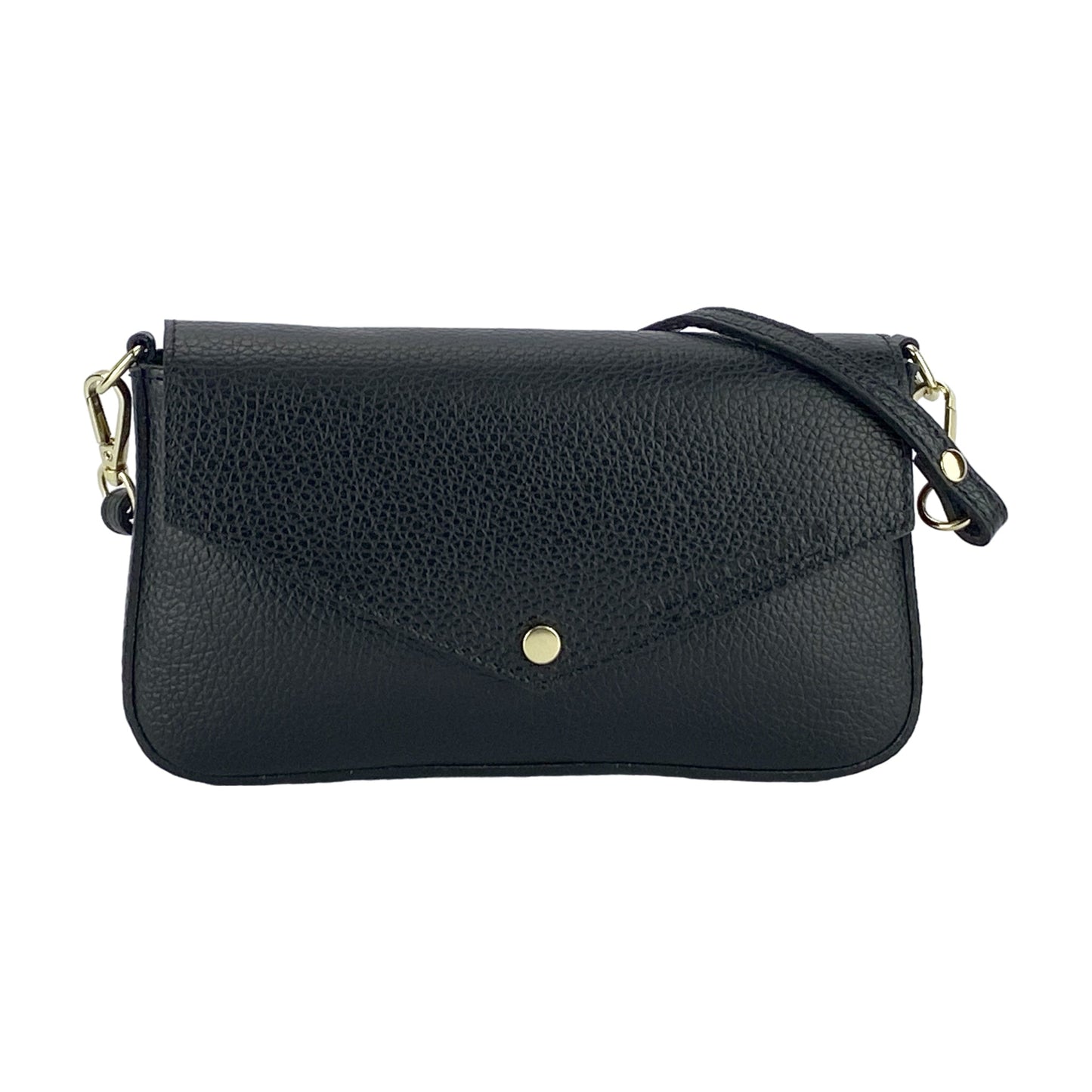 RB1023A | Small Shoulder Bag with Removable Chain Strap in Genuine Leather Made in Italy. Flap Closure. Polished Gold Metal Accessories - Color: Black - Dimensions: 22 x 12 x 3 cm