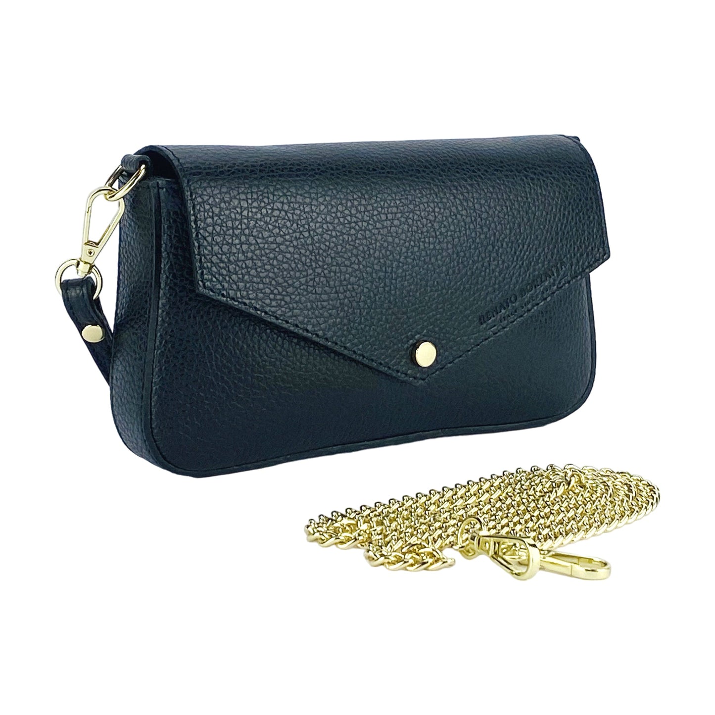 RB1023A | Small Shoulder Bag with Removable Chain Strap in Genuine Leather Made in Italy. Flap Closure. Polished Gold Metal Accessories - Color: Black - Dimensions: 22 x 12 x 3 cm
