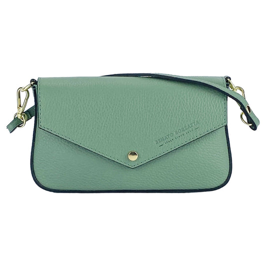 RB1023BF | Borsa piccola a Spalla con Tracolla a catena removibile in Vera Pelle Made in Italy. Pattina di Chiusura. Accessori in metallo Oro Lucido - Colore Menta - Dimensioni: cm 22 x 12 x 3