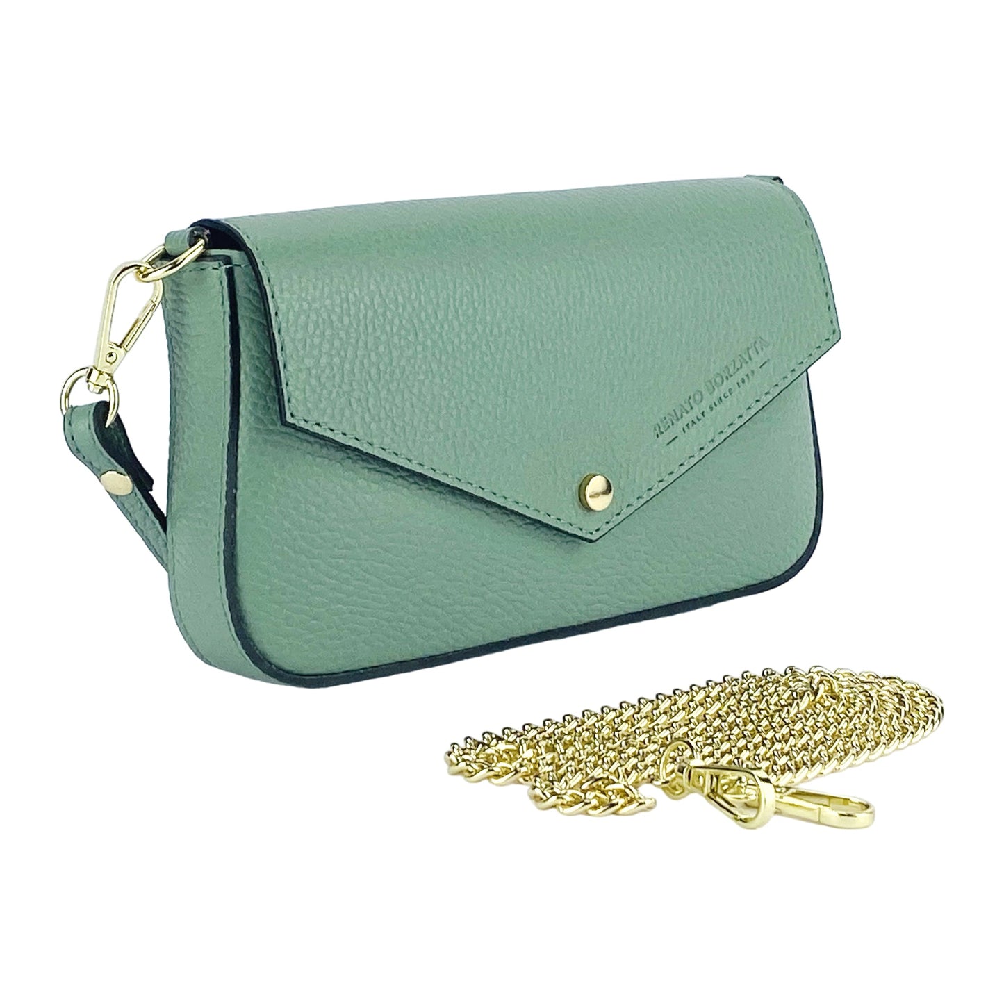RB1023BF | Borsa piccola a Spalla con Tracolla a catena removibile in Vera Pelle Made in Italy. Pattina di Chiusura. Accessori in metallo Oro Lucido - Colore Menta - Dimensioni: cm 22 x 12 x 3
