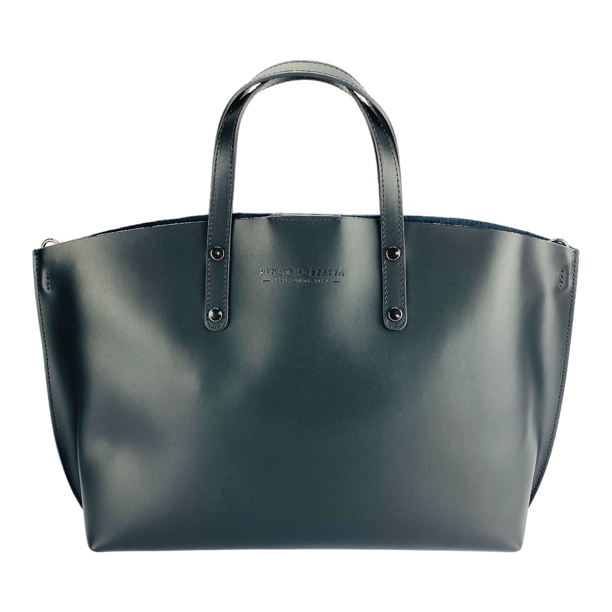RB1024A | Women's Genuine Leather Handbag Made in Italy with removable shoulder strap. Large removable internal pouch. Polished Gunmetal Accessories - Black Color - Dimensions: 48x31x11 cm