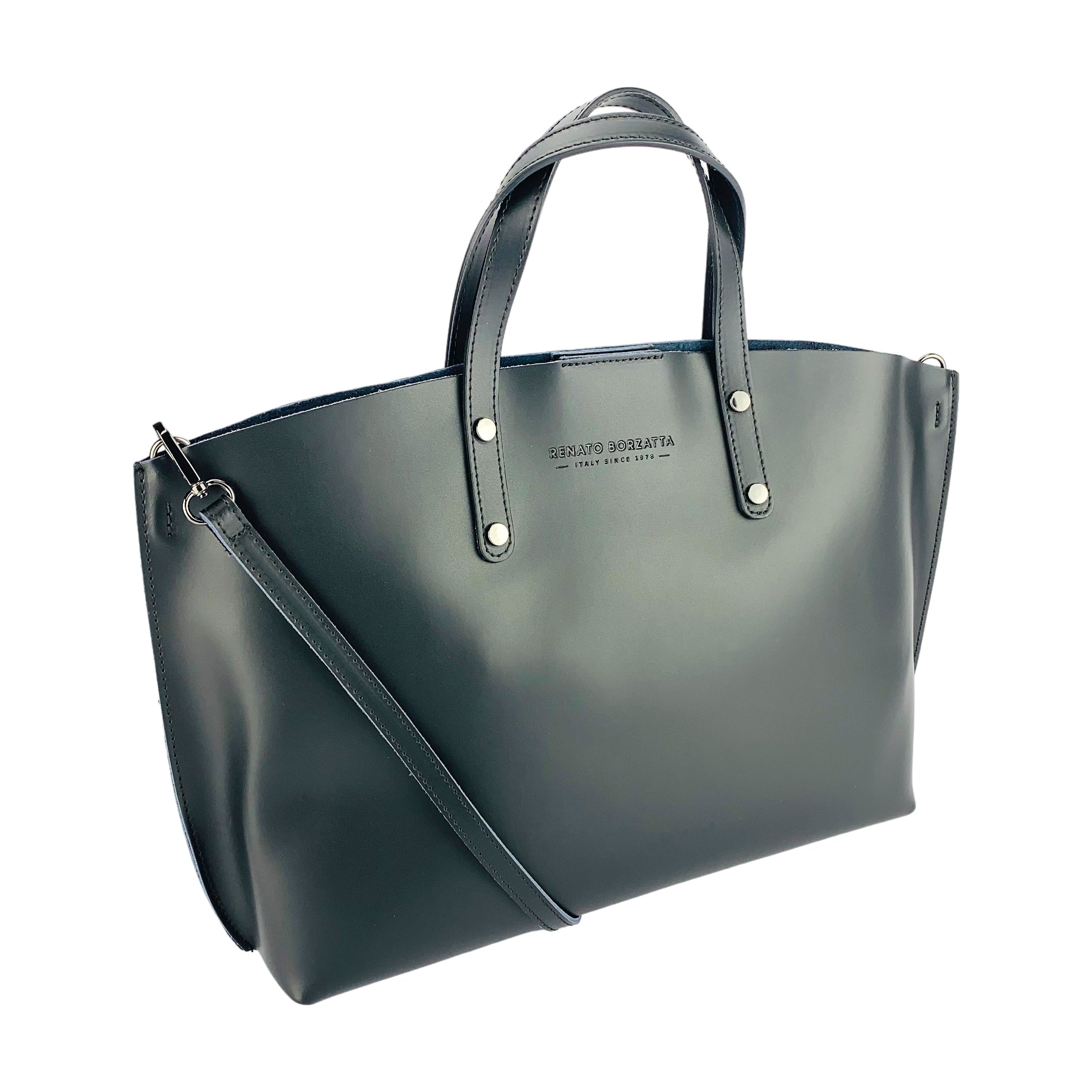 RB1024A | Women's Genuine Leather Handbag Made in Italy with removable shoulder strap. Large removable internal pouch. Polished Gunmetal Accessories - Black Color - Dimensions: 48x31x11 cm