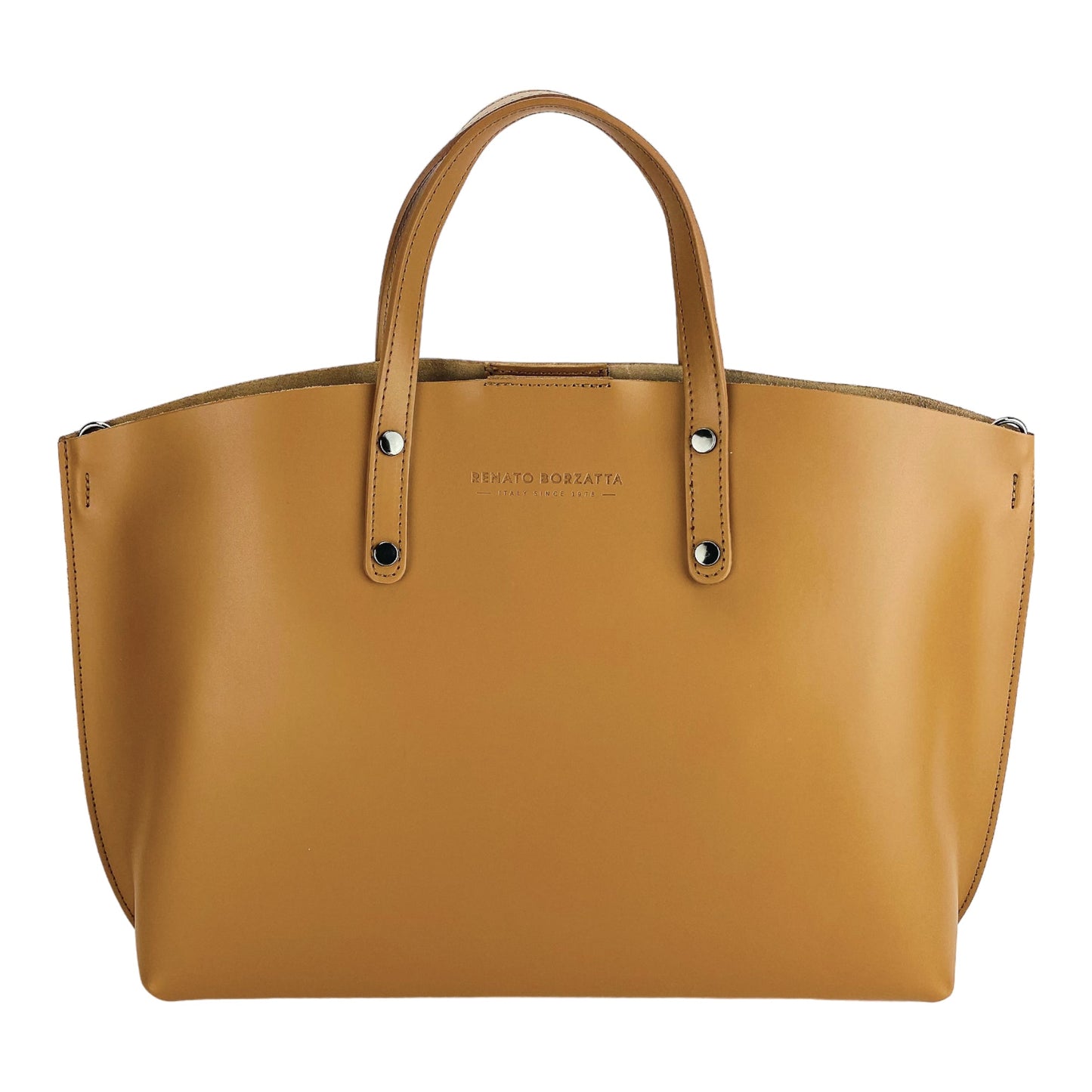 RB1024S | Women's Genuine Leather Handbag Made in Italy with removable shoulder strap. Large removable internal pouch. Polished Gunmetal Accessories - Cognac Color - Dimensions: 48x31x11 cm