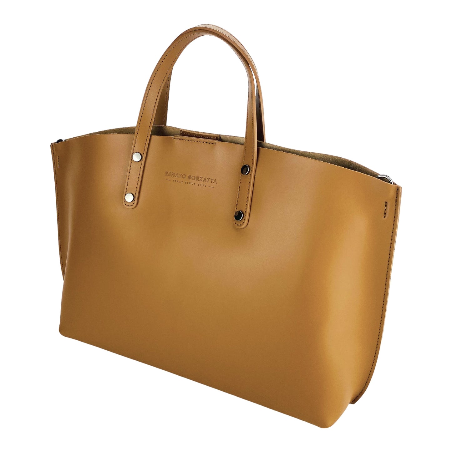 RB1024S | Women's Genuine Leather Handbag Made in Italy with removable shoulder strap. Large removable internal pouch. Polished Gunmetal Accessories - Cognac Color - Dimensions: 48x31x11 cm