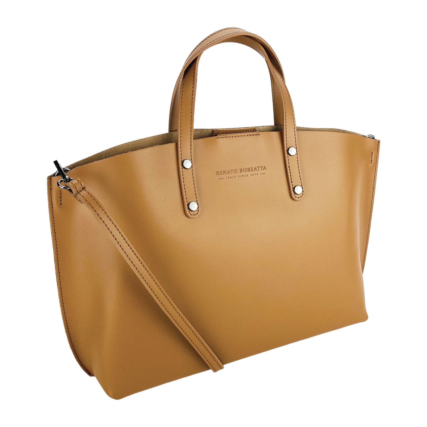 RB1024S | Women's Genuine Leather Handbag Made in Italy with removable shoulder strap. Large removable internal pouch. Polished Gunmetal Accessories - Cognac Color - Dimensions: 48x31x11 cm