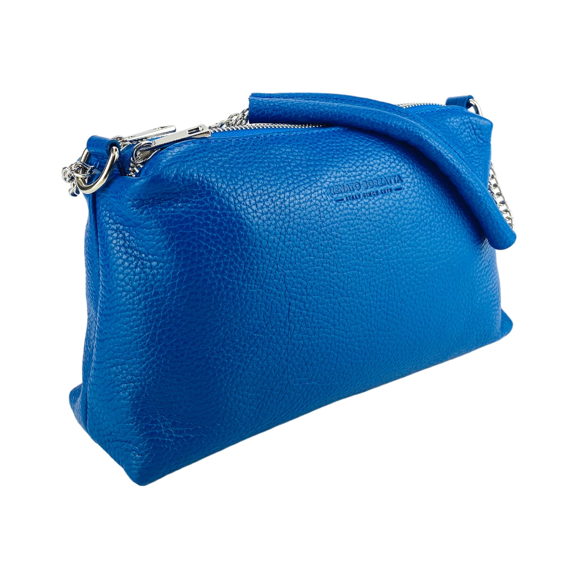 RB1025CH | Women's Handbag with Double Zipper in Genuine Leather Made in Italy. Adjustable leather shoulder strap. Polished Nickel Accessories - Royal Blue Color - Dimensions: 26 x 14 x 9 cm