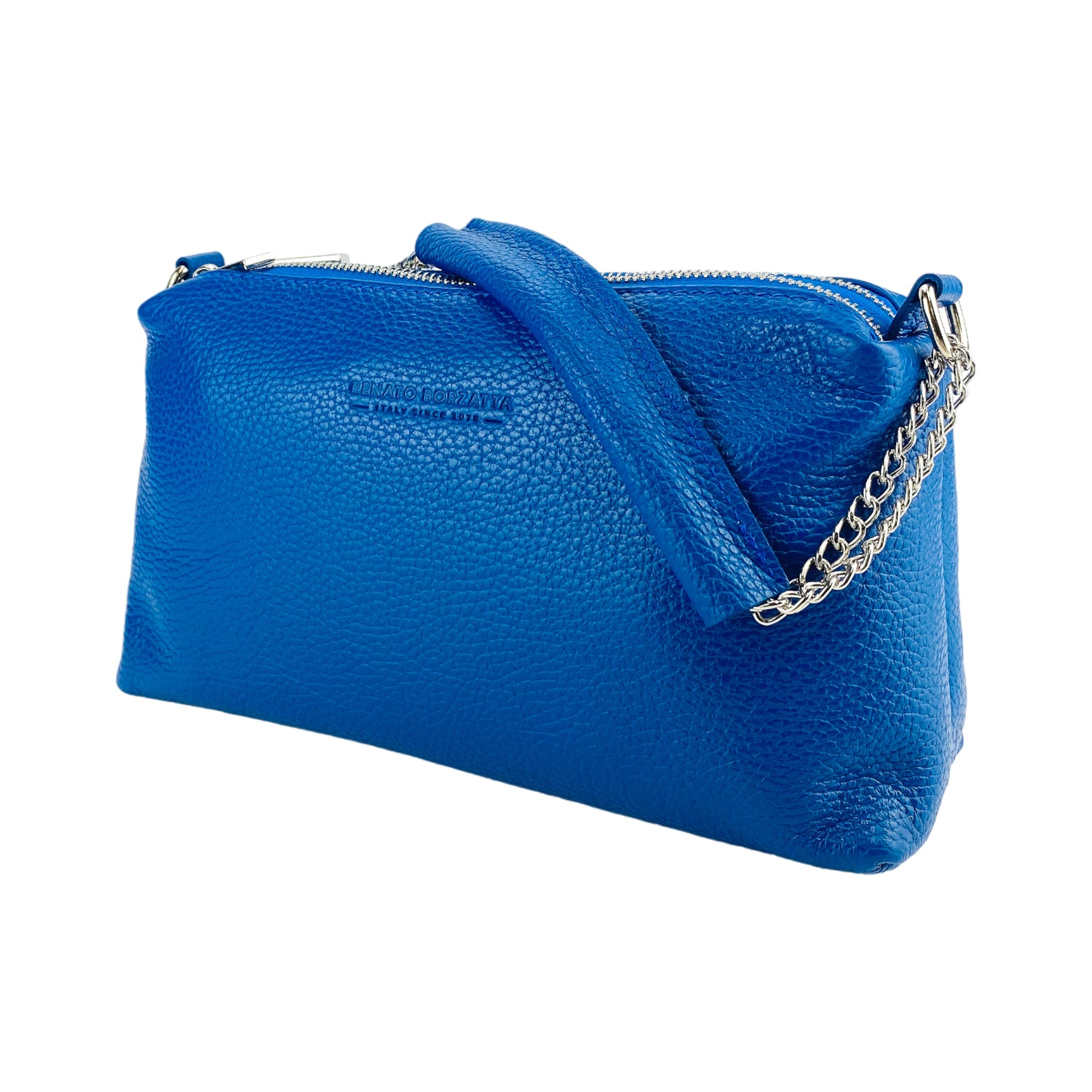 RB1025CH | Women's Handbag with Double Zipper in Genuine Leather Made in Italy. Adjustable leather shoulder strap. Polished Nickel Accessories - Royal Blue Color - Dimensions: 26 x 14 x 9 cm