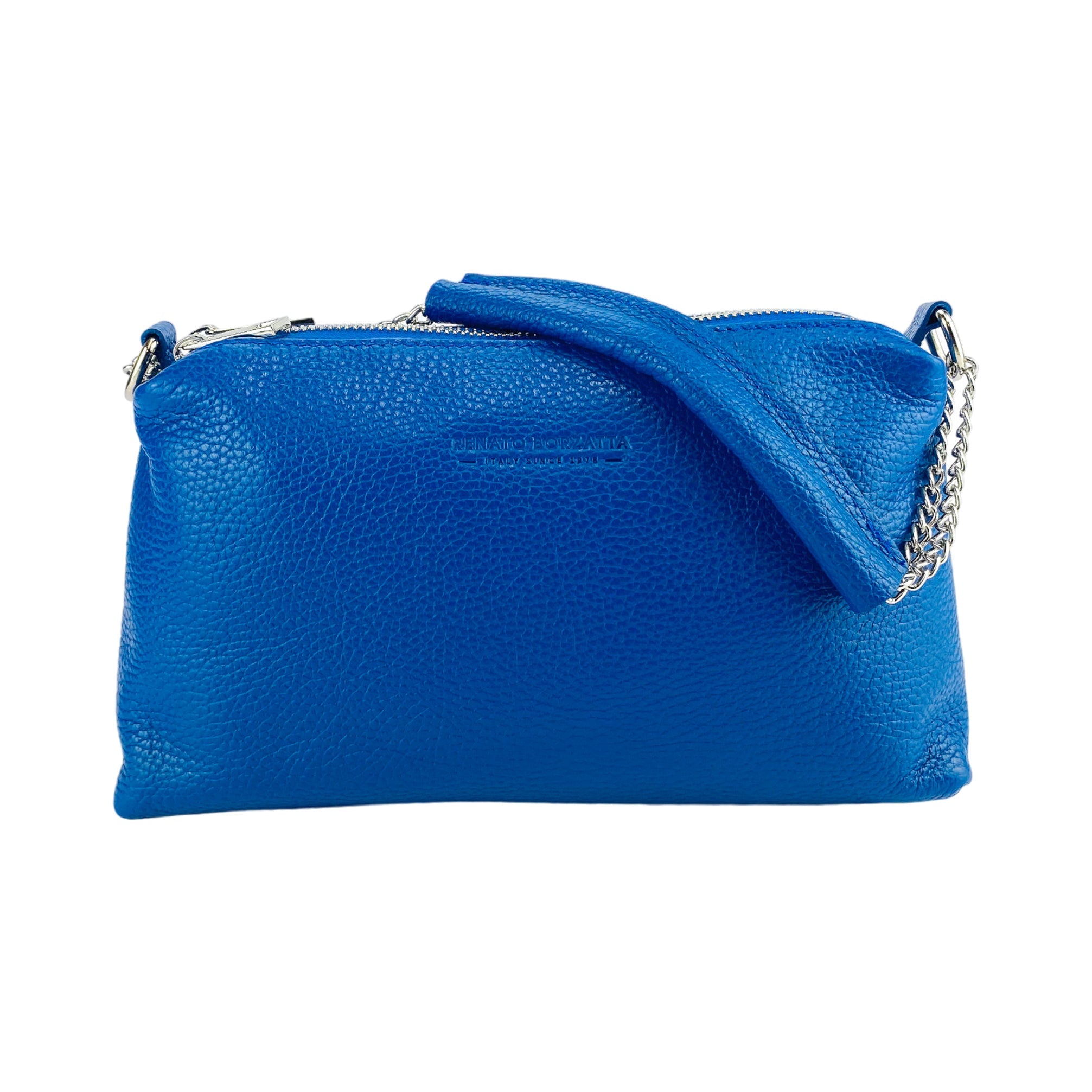 RB1025CH | Women's Handbag with Double Zipper in Genuine Leather Made in Italy. Adjustable leather shoulder strap. Polished Nickel Accessories - Royal Blue Color - Dimensions: 26 x 14 x 9 cm
