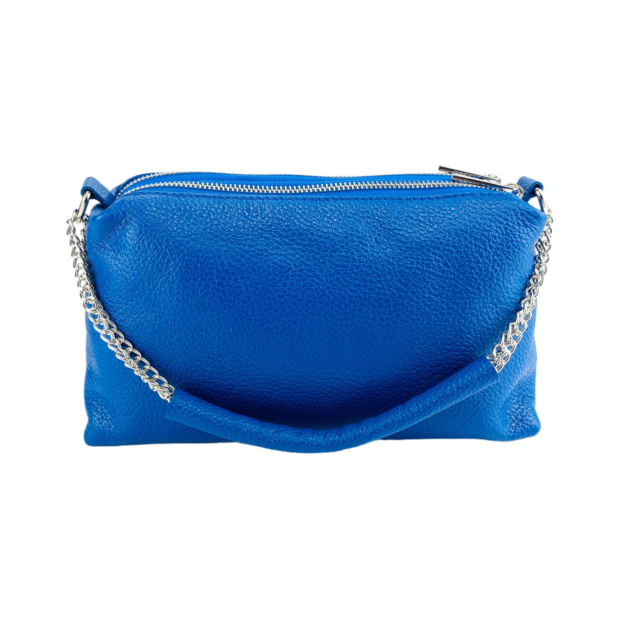 RB1025CH | Women's Handbag with Double Zipper in Genuine Leather Made in Italy. Adjustable leather shoulder strap. Polished Nickel Accessories - Royal Blue Color - Dimensions: 26 x 14 x 9 cm