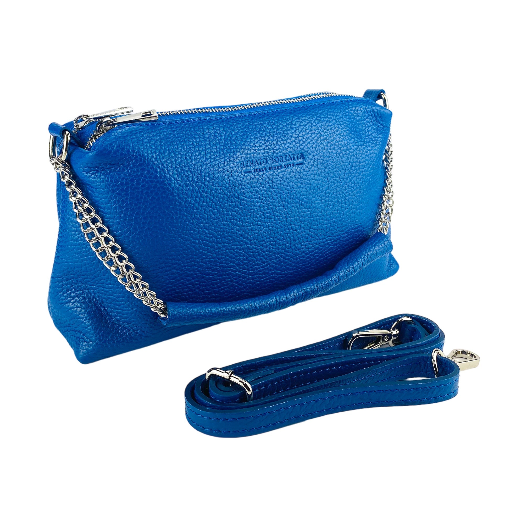 RB1025CH | Women's Handbag with Double Zipper in Genuine Leather Made in Italy. Adjustable leather shoulder strap. Polished Nickel Accessories - Royal Blue Color - Dimensions: 26 x 14 x 9 cm