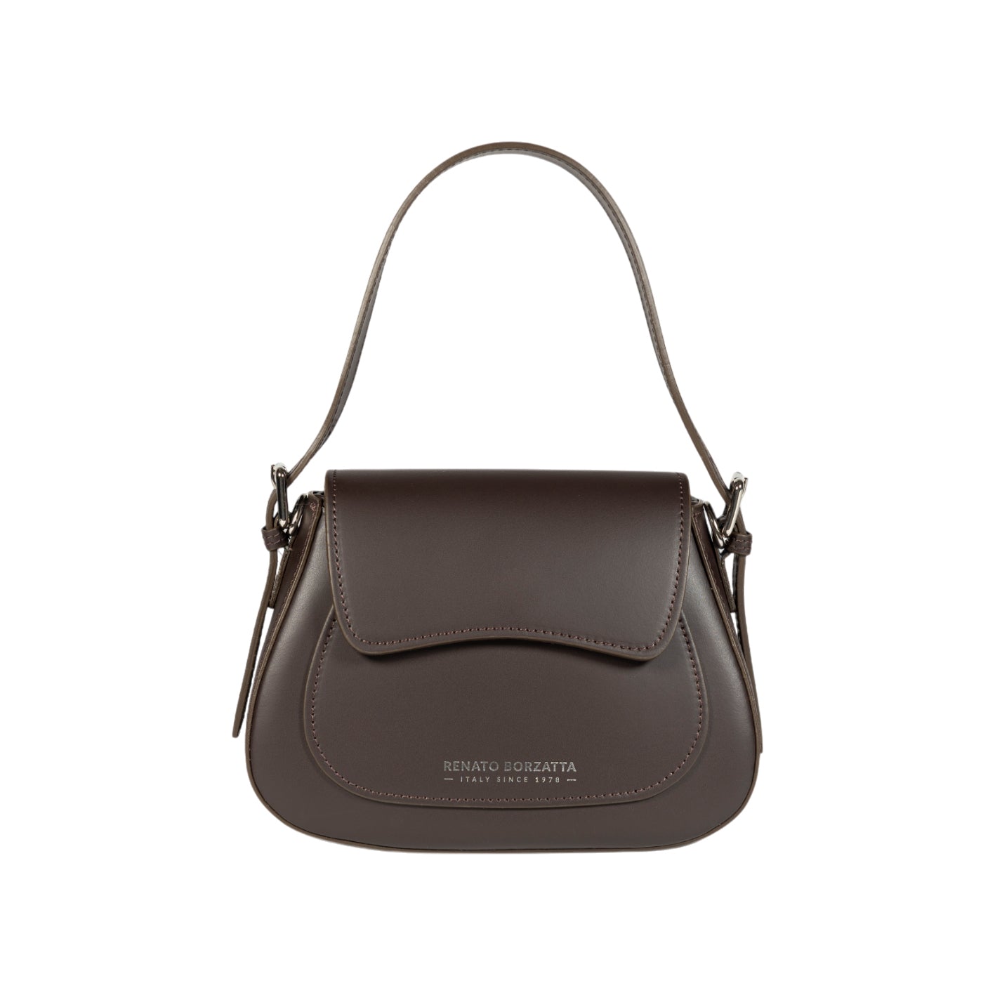 RB1030B | EMMA Women's Shoulder Bag with Flap in Genuine Leather Made in Italy. Polished Silver Metal Accessories - Dark Brown Color - Dimensions: 24 x 18 x 9 + 14.5 cm (Handle Drop)