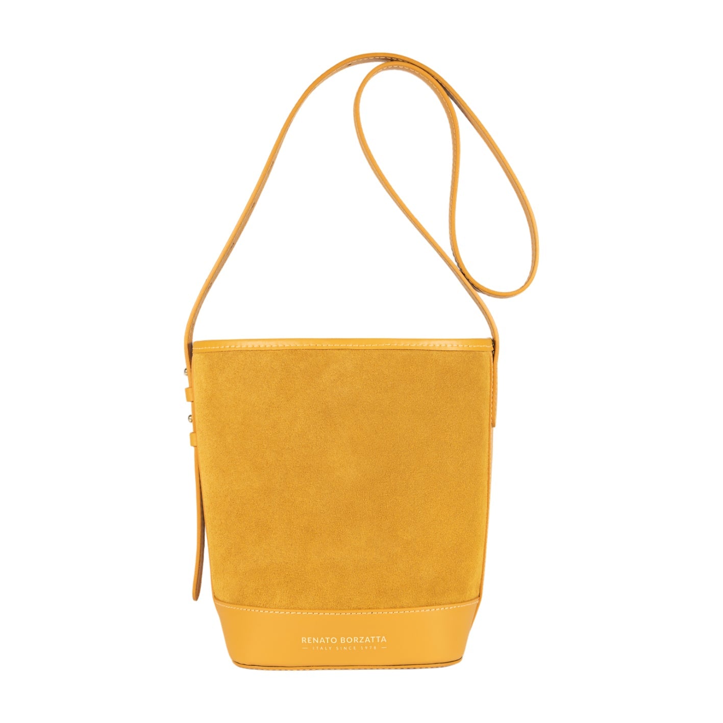RB1031AR  | Borsa Donna a Secchiello BRENDA in Vera Pelle Made in Italy. Accessori in metallo Oro Lucido - Colore Senape - Dimensioni: cm 25 x 23,5 x 17