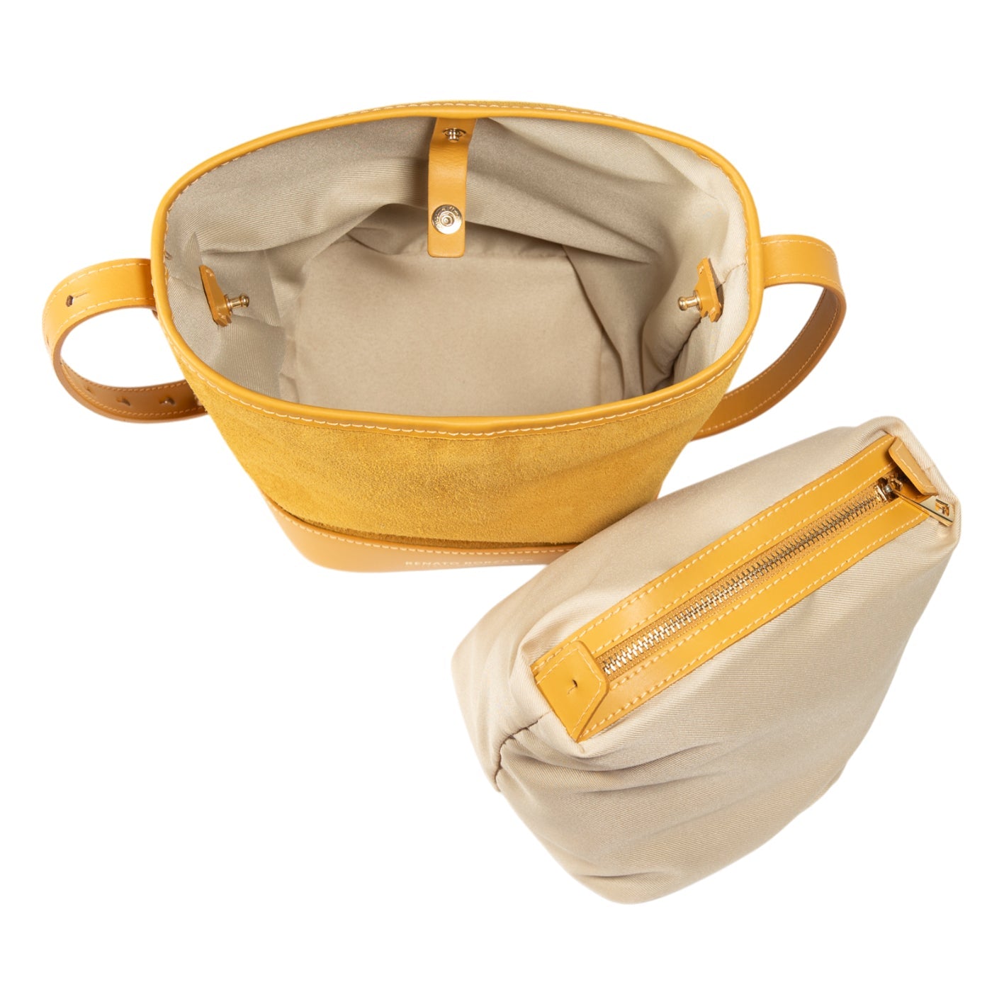 RB1031AR  | Borsa Donna a Secchiello BRENDA in Vera Pelle Made in Italy. Accessori in metallo Oro Lucido - Colore Senape - Dimensioni: cm 25 x 23,5 x 17