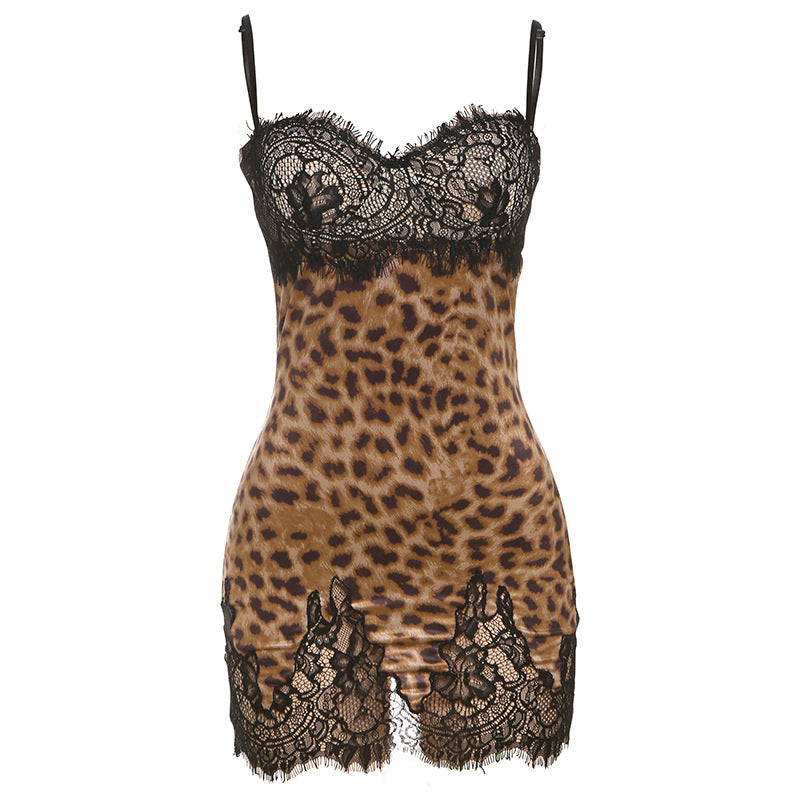 Sexy Leopard-print Slim-fit Backless Lace Splicing Sling Dress