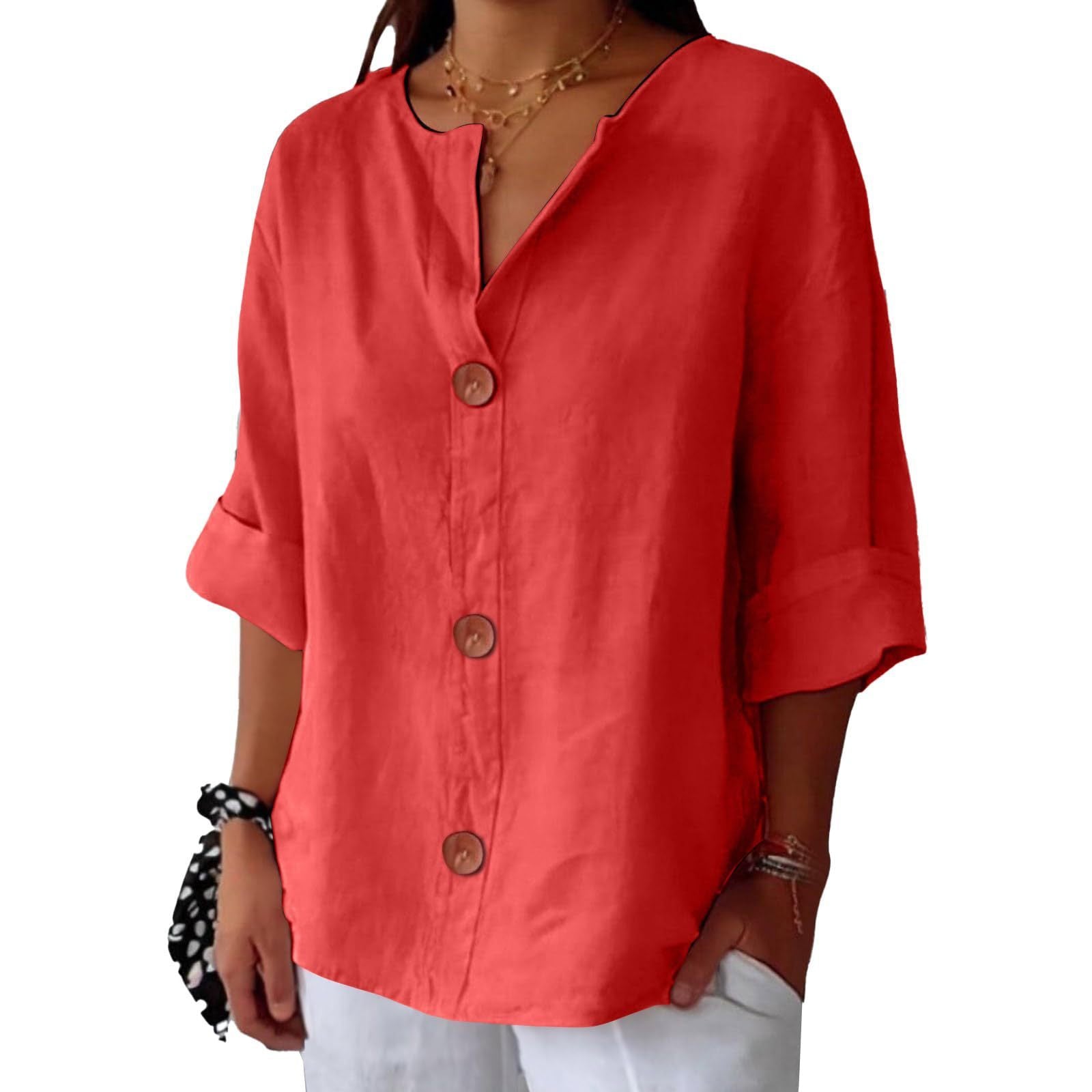 Loose T-shirt Women's V-neck Cotton And Linen Button Top