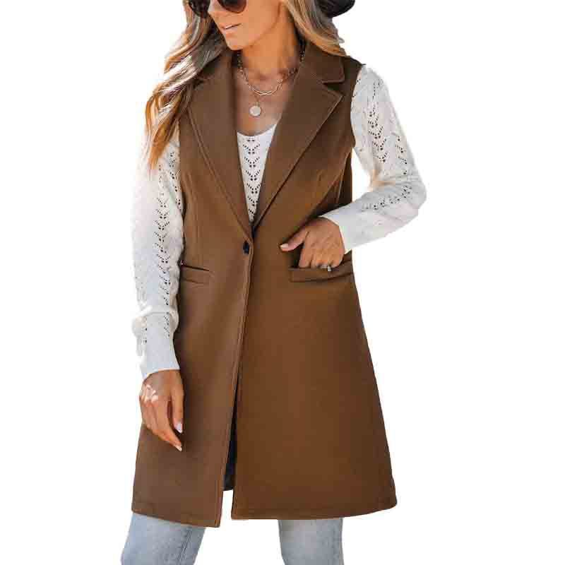 European And American Fall And Winter Lapels Button Sleeveless Woolen Coat For Women