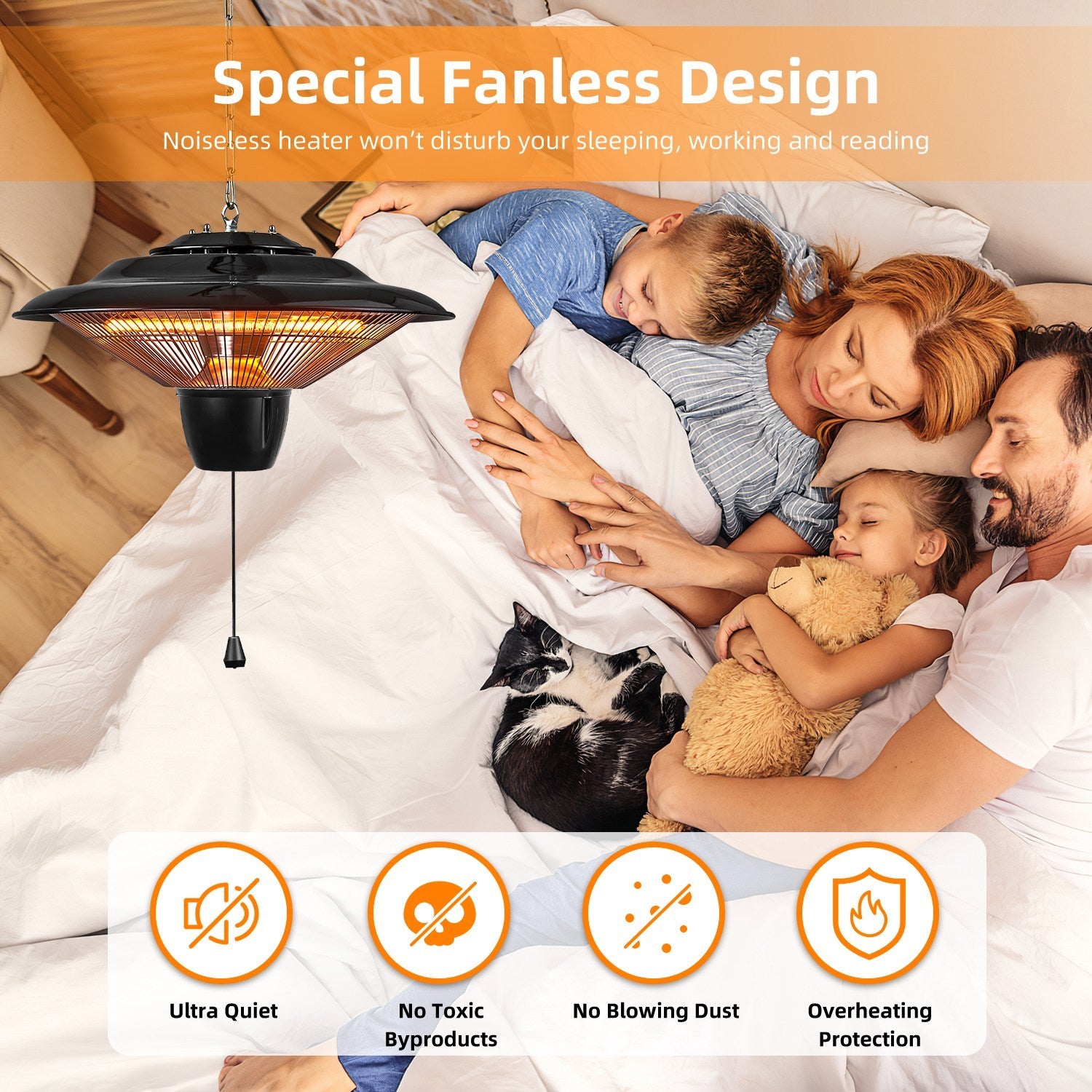 1Pc 1500W Outdoor Hanging Patio Heater Ultra-Quiet Electric Heating Lamp IP23 Waterproof 2 Heating Levels Overheating Protection Ceiling Mounted Outdoor Heater