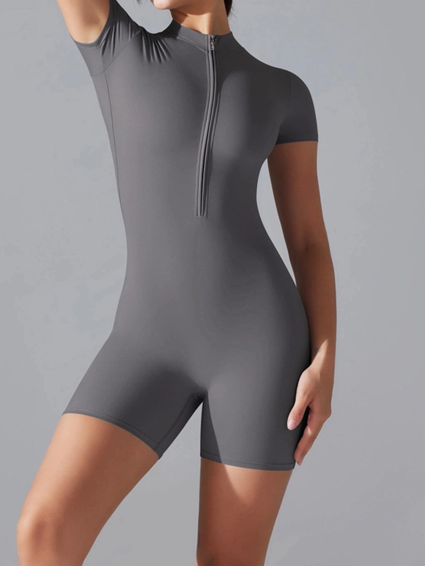 Summer Zip-Up Short Sleeve Shorts Yoga Bodysuit For Women - Dance Workout Form-Fitting One-Piece