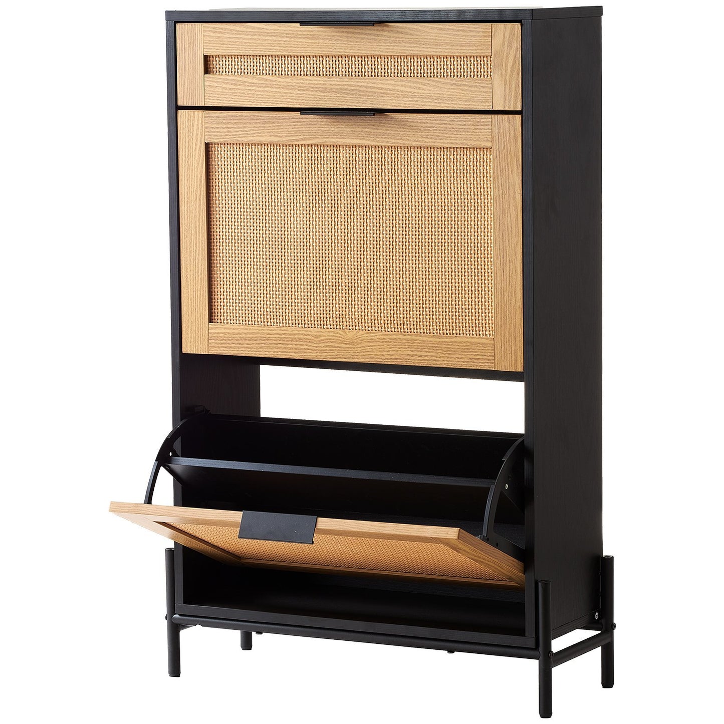 Rattan Shoe Cabinet, Narrow Shoe Storage Organizer With 2 Flip Rattan Drawers & 1 Slide Drawer, Metal Legs, Slim Shoe Entryway Cabinet Ideal For Entryway, Closet, Hallway, Black