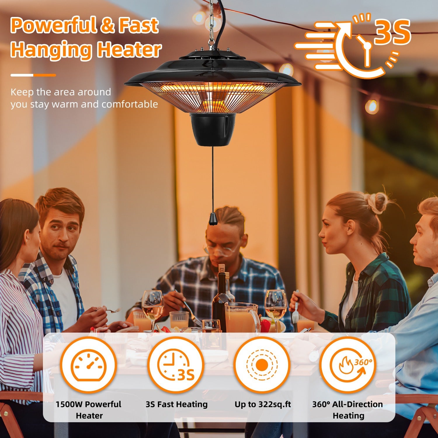 1Pc 1500W Outdoor Hanging Patio Heater Ultra-Quiet Electric Heating Lamp IP23 Waterproof 2 Heating Levels Overheating Protection Ceiling Mounted Outdoor Heater