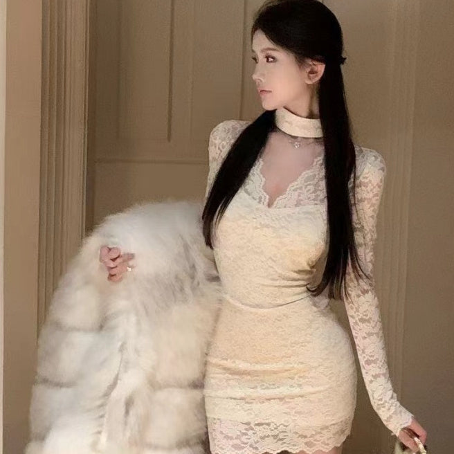 Halter Lace Dress Women's Autumn And Winter Hip-wrapped Figure Inner Skirt