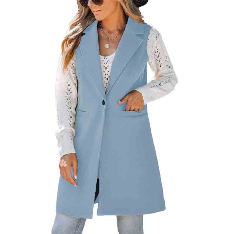European And American Fall And Winter Lapels Button Sleeveless Woolen Coat For Women
