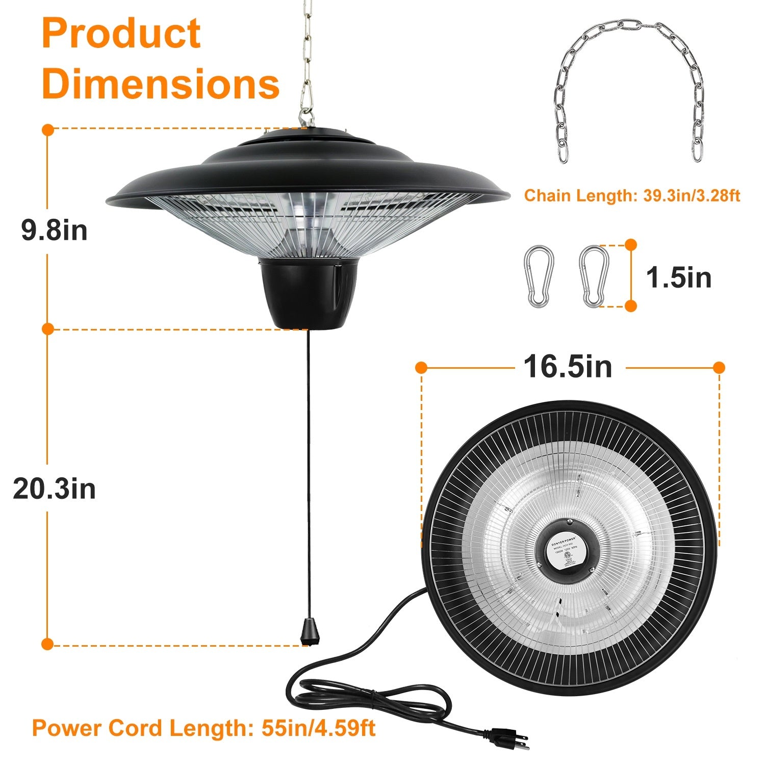 1Pc 1500W Outdoor Hanging Patio Heater Ultra-Quiet Electric Heating Lamp IP23 Waterproof 2 Heating Levels Overheating Protection Ceiling Mounted Outdoor Heater