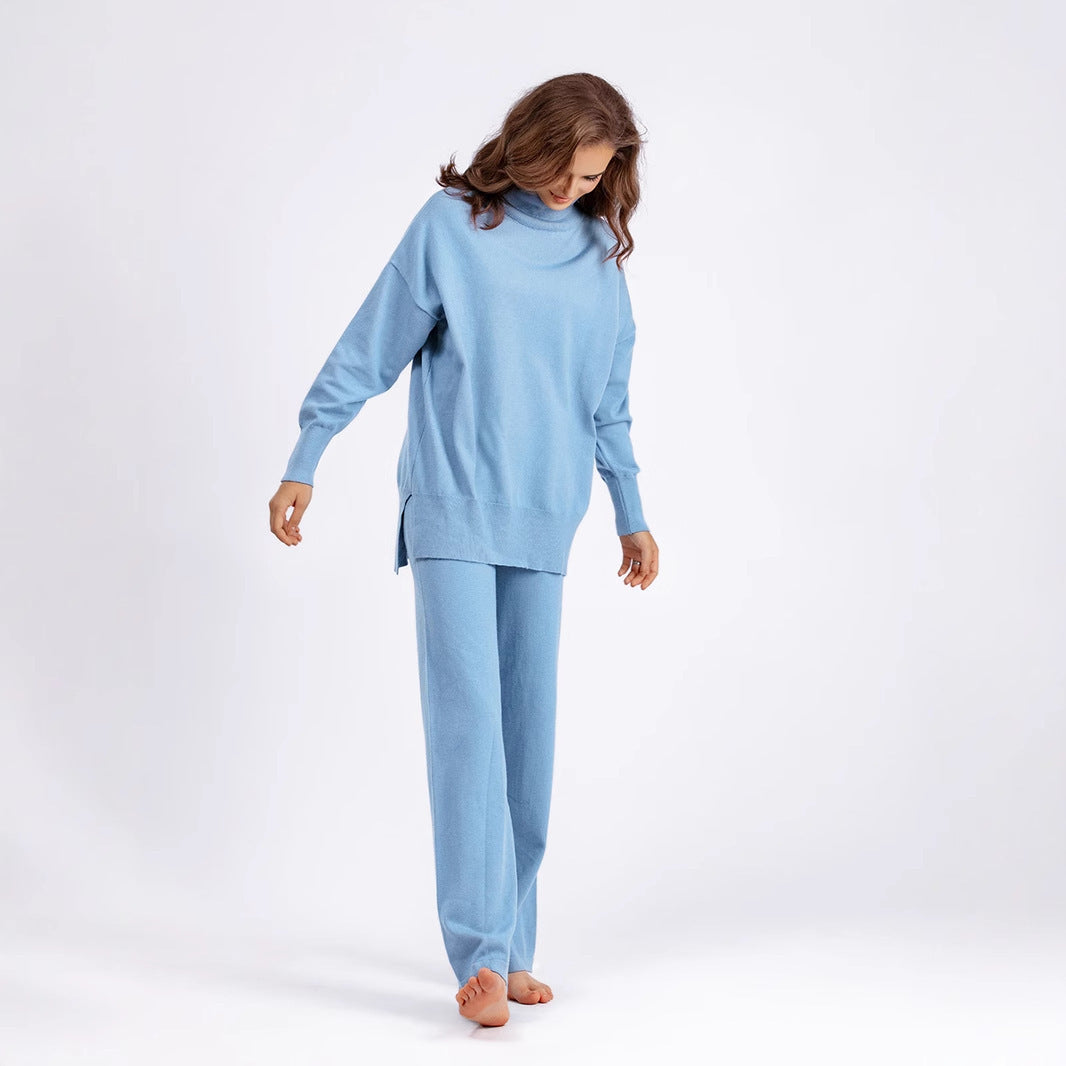 Solid Color Slit Sweater Loose Casual Knitted Two-piece